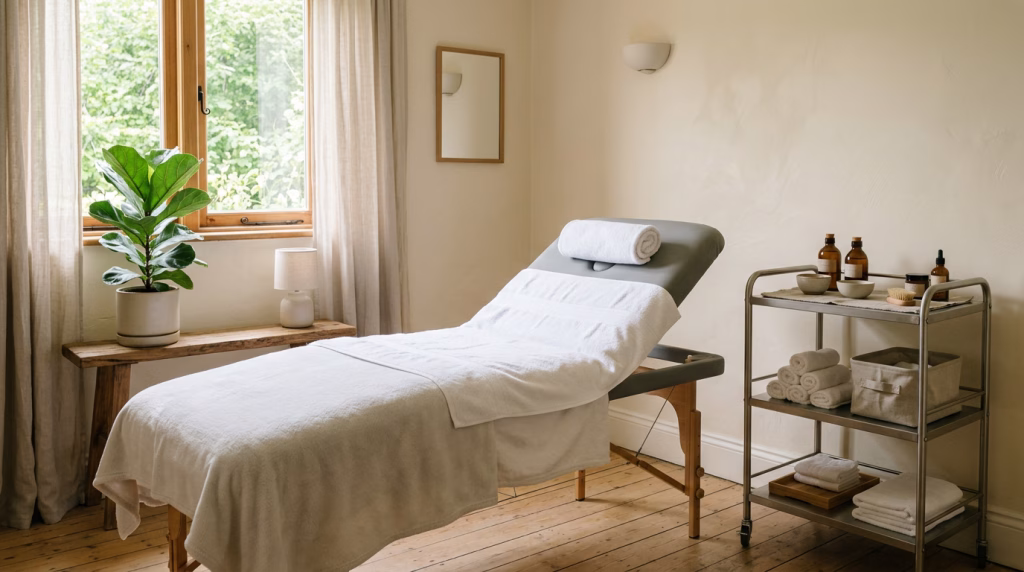 A treatment couch with fresh towels and a stainless trolley in a quiet skin clinic treatment room