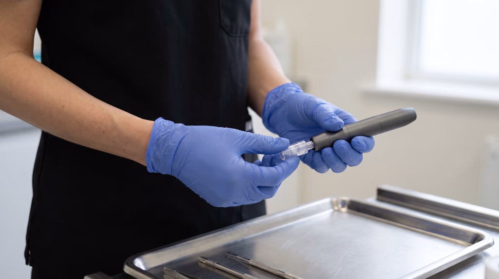 Gloved hands clicking a sealed sterile cartridge onto a plain microneedling pen over a steel tray