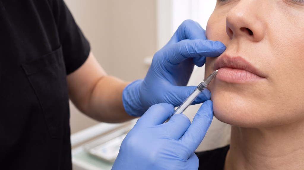 Gloved hands placing a small amount of filler into the vertical lines above the upper lip