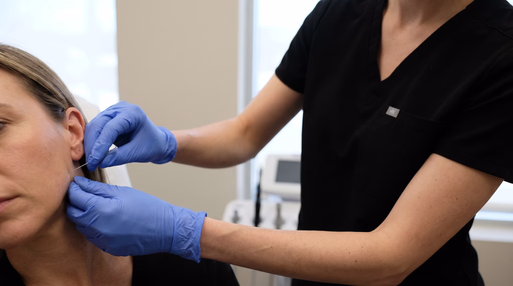 A fine needle placed into the masseter muscle at the angle of the jaw while the client clenches