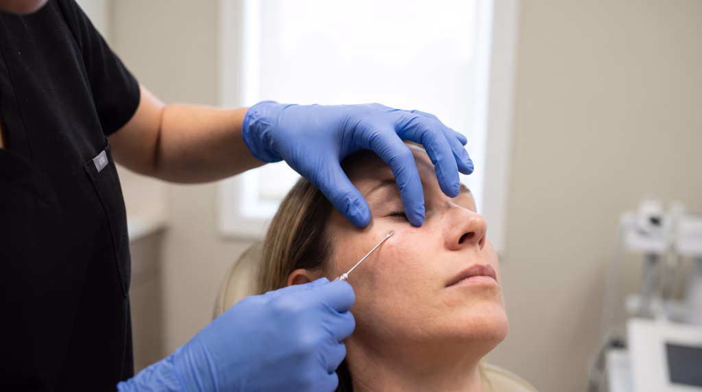 A blunt cannula advanced under the skin of the cheekbone towards the under-eye hollow