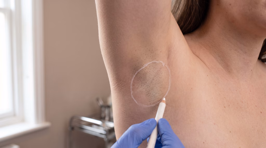 A white pencil circle marking out the shaved underarm area before a laser hair removal session