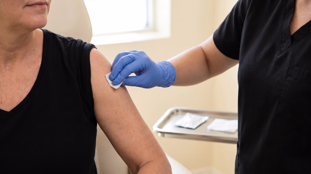 The upper arm cleaned with an alcohol swab before a vitamin injection at House of Glam HQ, Southsea