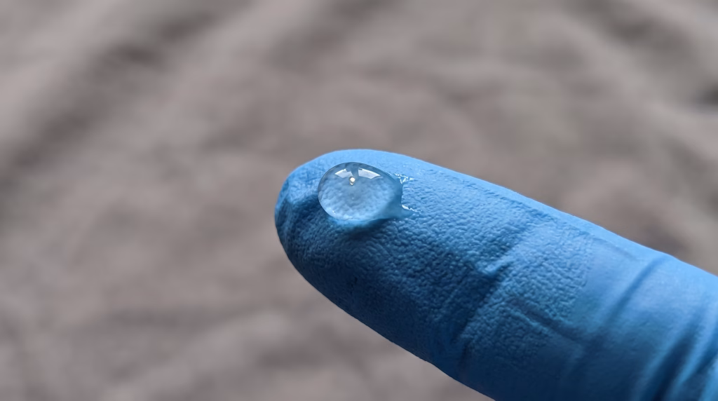 A single bead of clear thick gel resting on a gloved fingertip, catching the light