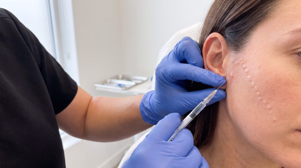 A fine needle placing a skin booster in front of the ear, blebs already along the cheekbone
