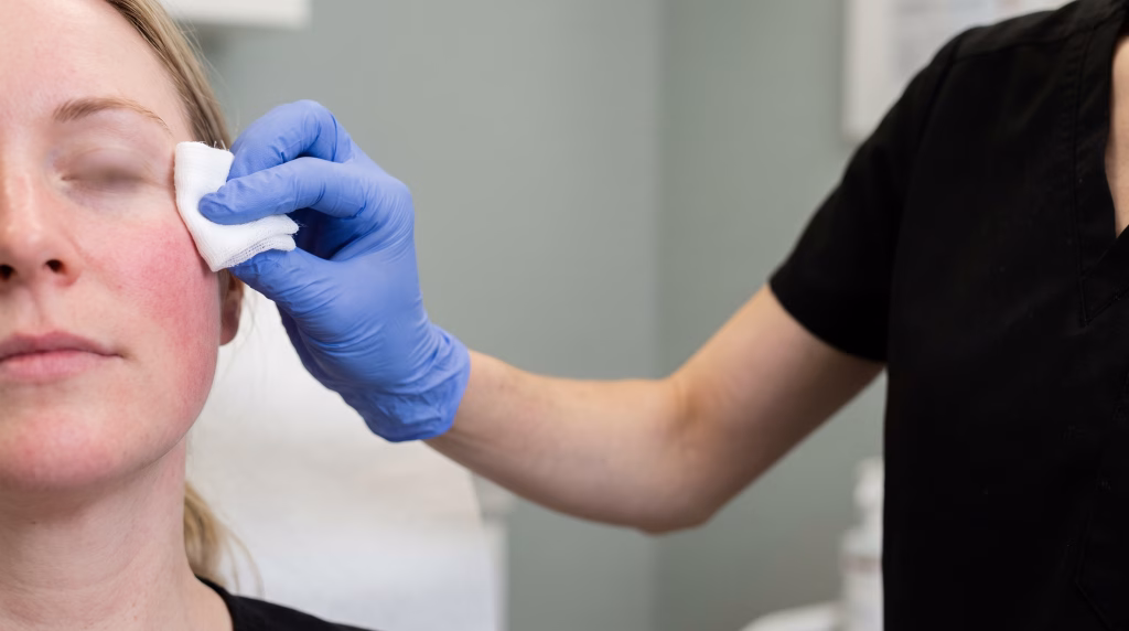 A gloved hand pressing cool damp gauze to a cheek that is evenly pink straight after a peel