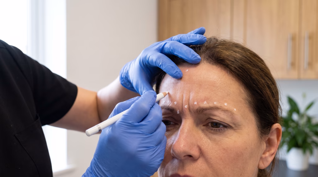 A white pencil marking dots on a forehead as the client raises her brows, showing the muscle