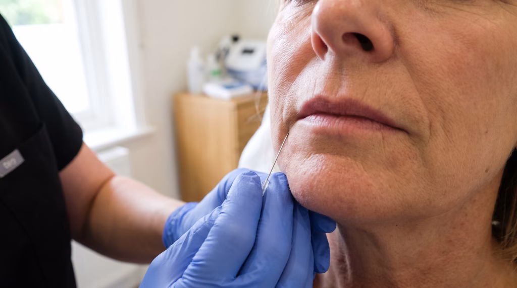 A fine needle placing dermal filler into the marionette line that runs down from the corner of the mouth towards the chin