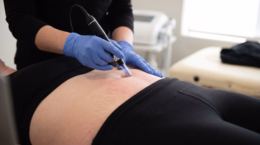 Gloved hands working a microneedling pen across the lower stomach where fine pale stretch marks sit