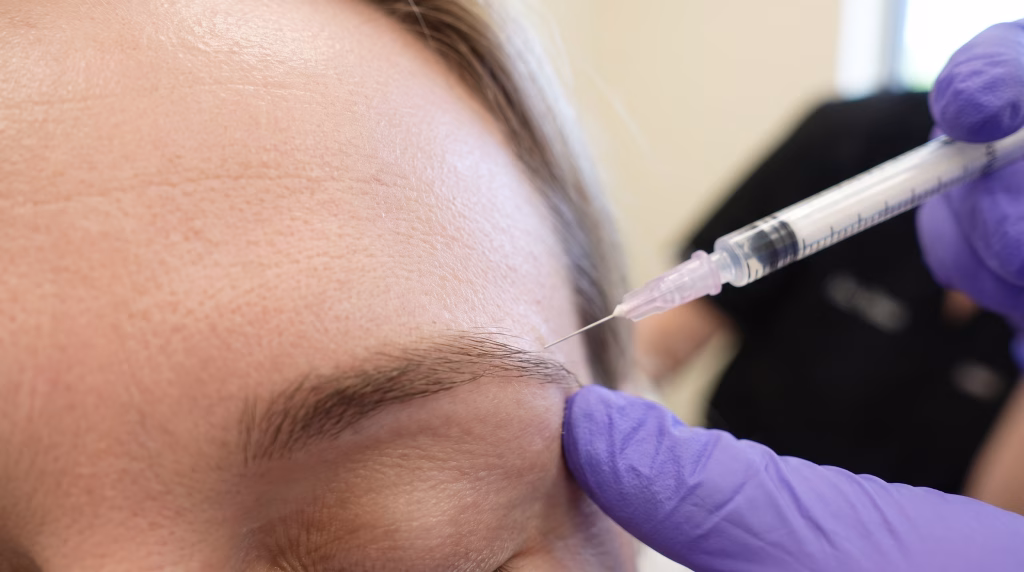 A fine needle placed at the tail of the eyebrow during a non-surgical brow lift