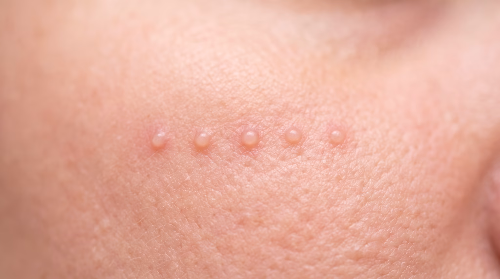 A row of five small raised points settling on a patch of cheek skin after a polynucleotide treatment