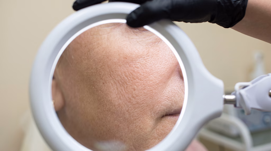 Cheek skin close up under a clinic magnifying lamp, with a black gloved hand angling the lamp in from the top of the frame